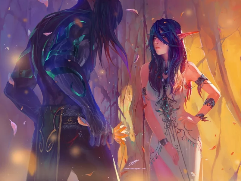 девушка, эльф, листья, world of warcraft, chenbo, Арт, парень