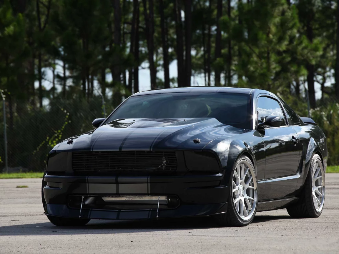 полосы, Ford, чёрный, mustang, форд, trees, мустанг, black