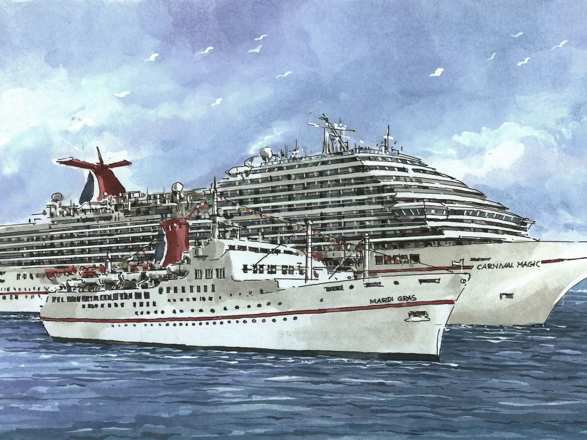 Carnival magic, лайнер, судно, mardi gras, небо, море, рисунок