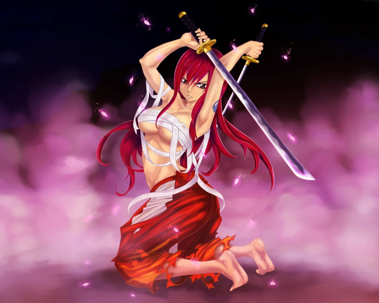 фон, бинты, erza scarlet, fairy tail, Арт, девушка, d-prodigy, оружие