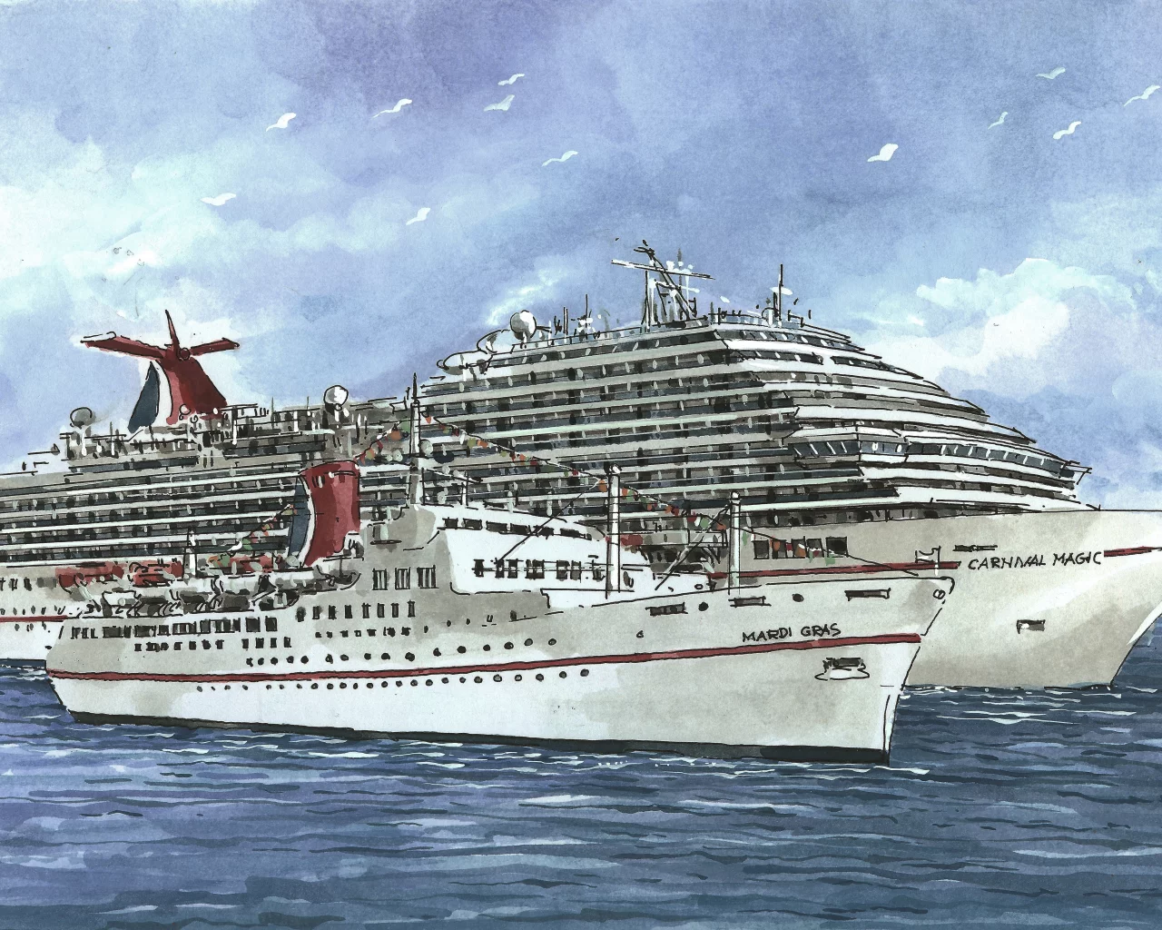 Carnival magic, лайнер, судно, mardi gras, небо, море, рисунок