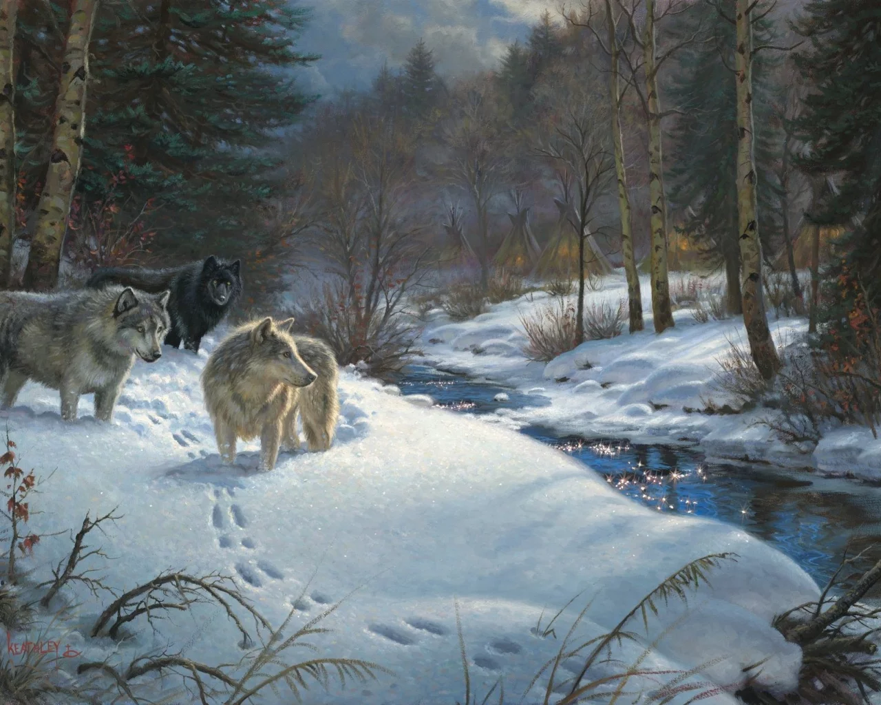 живопись, животные, ручей, valley of shadows, лес, зима, Mark keathley
