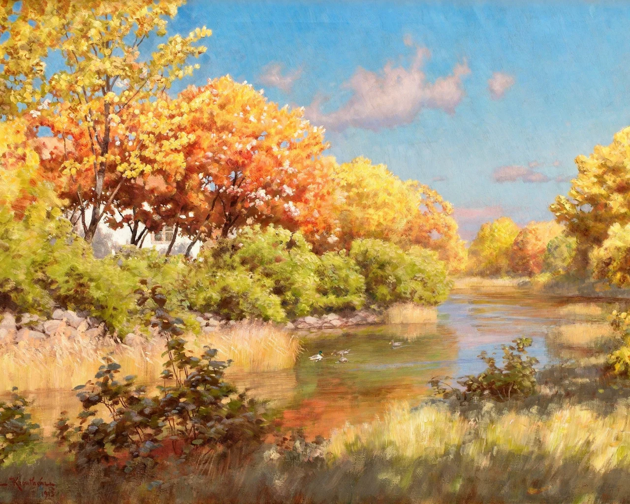 вода, река, картина, johan krouthen, осень, пейзаж, деревья
