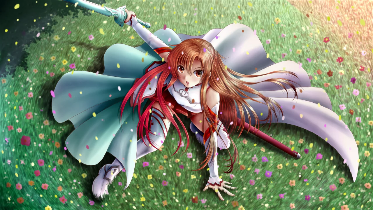 цветы, Арт, ilolamai, asuna, трава, меч, девушка, sword art online