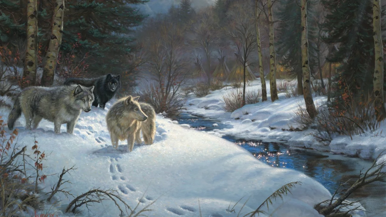 живопись, животные, ручей, valley of shadows, лес, зима, Mark keathley
