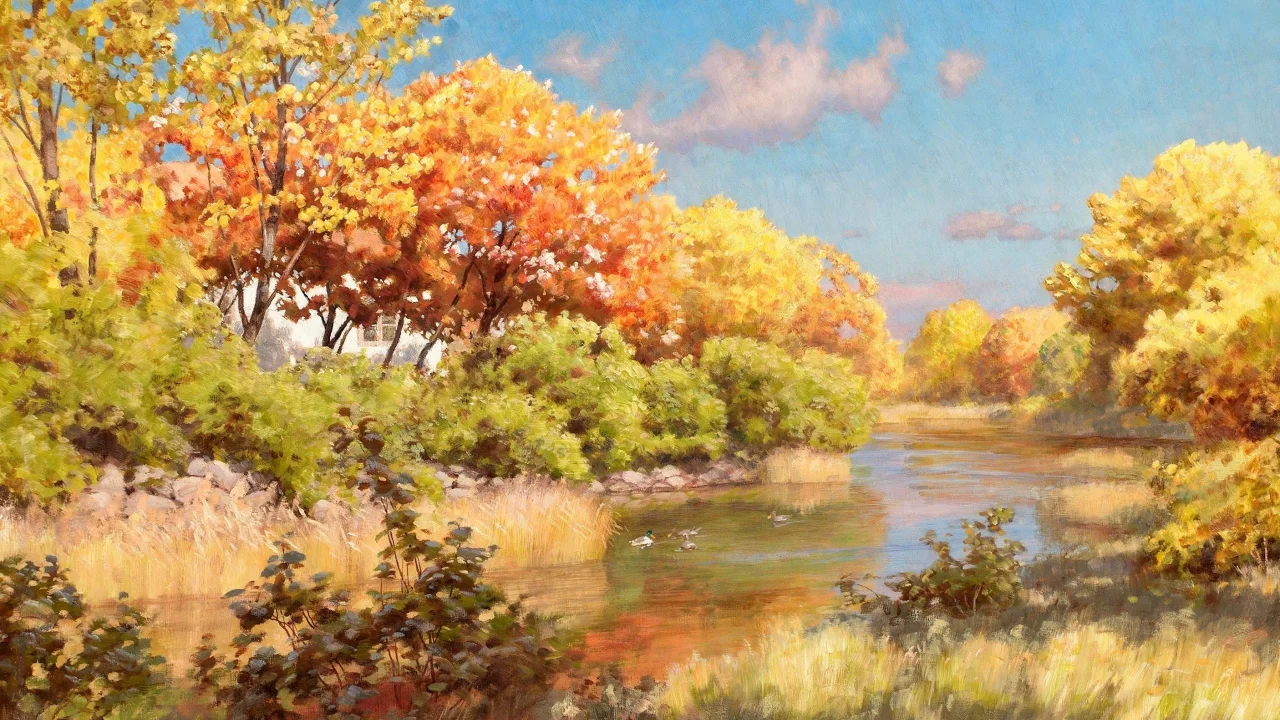 вода, река, картина, johan krouthen, осень, пейзаж, деревья