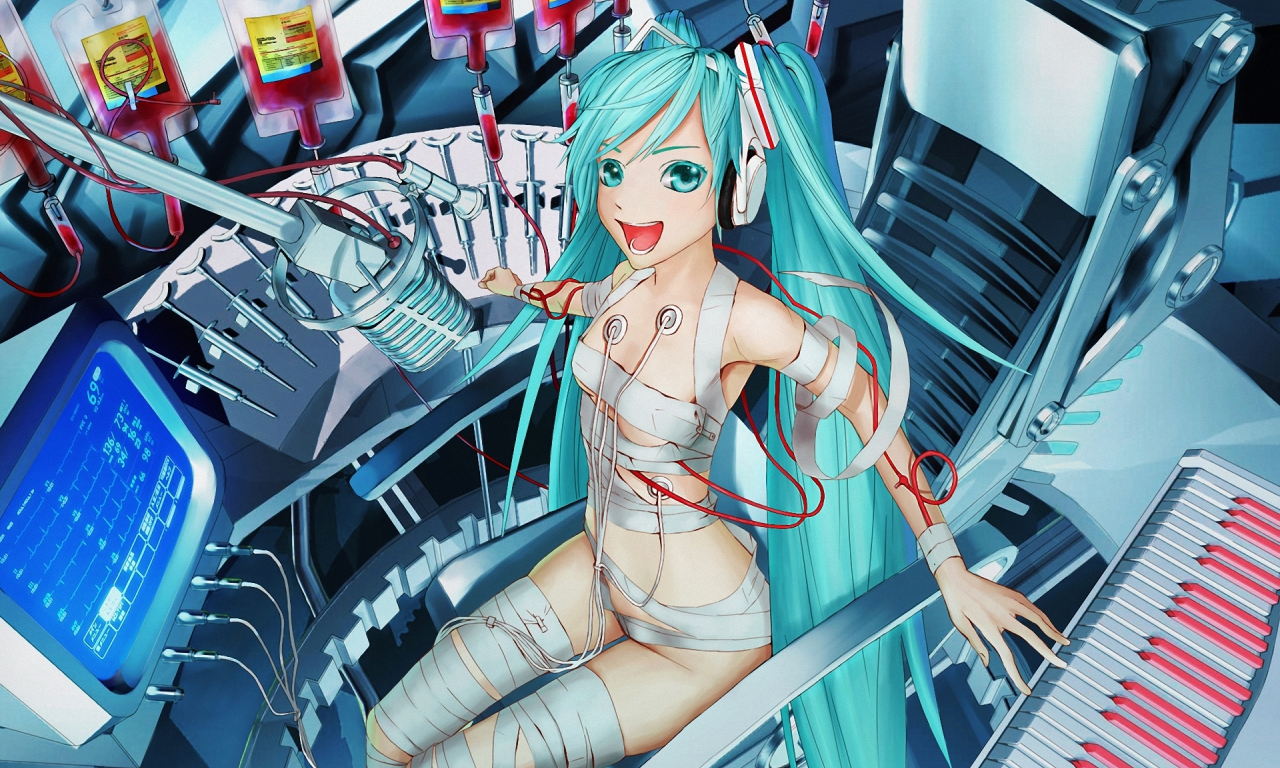 Картинка на рабочий стол hatsune miku, кровь, вокалоид, пианино, девушка,  vocaloid 1280 x 768