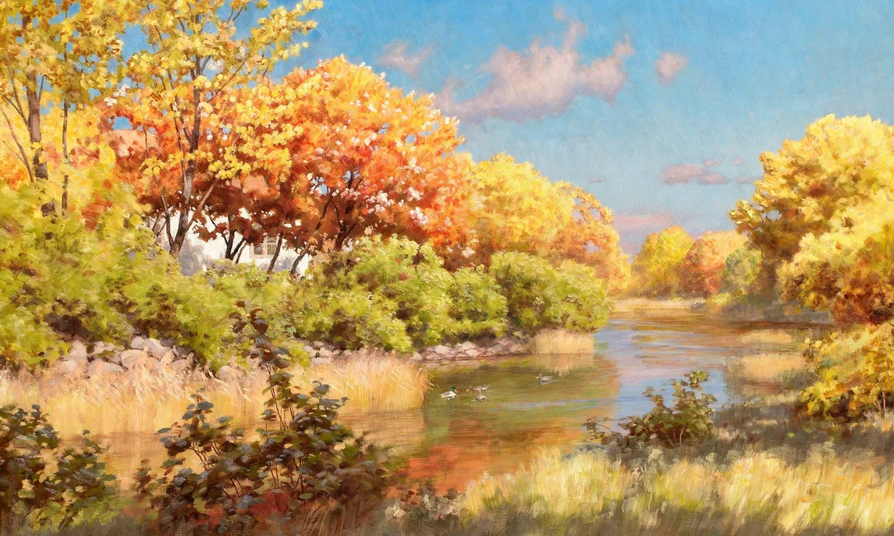 вода, река, картина, johan krouthen, осень, пейзаж, деревья