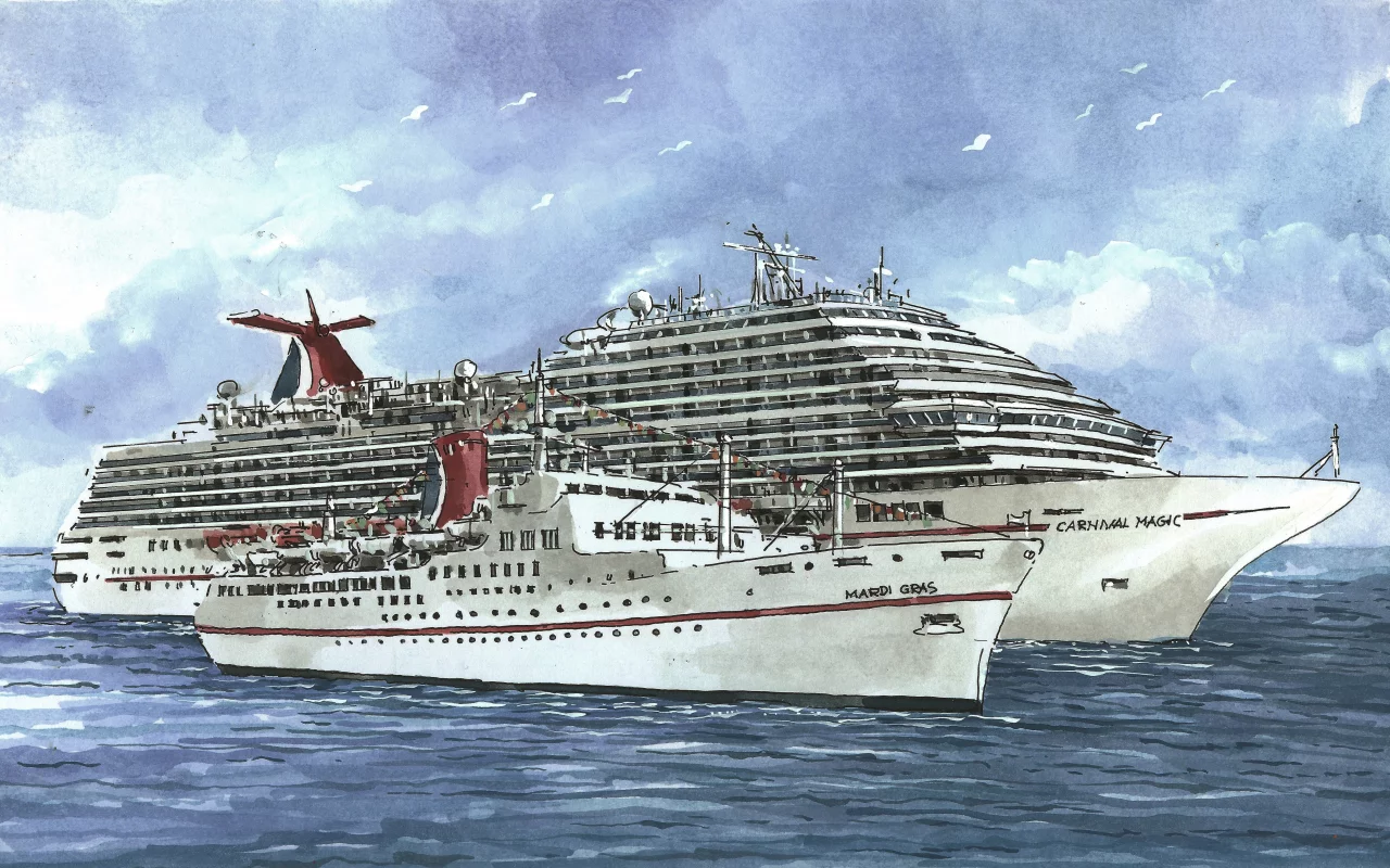 Carnival magic, лайнер, судно, mardi gras, небо, море, рисунок