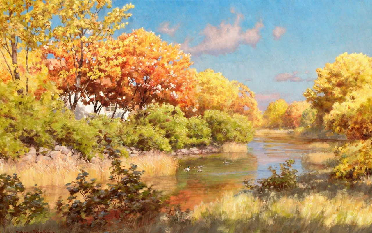 вода, река, картина, johan krouthen, осень, пейзаж, деревья