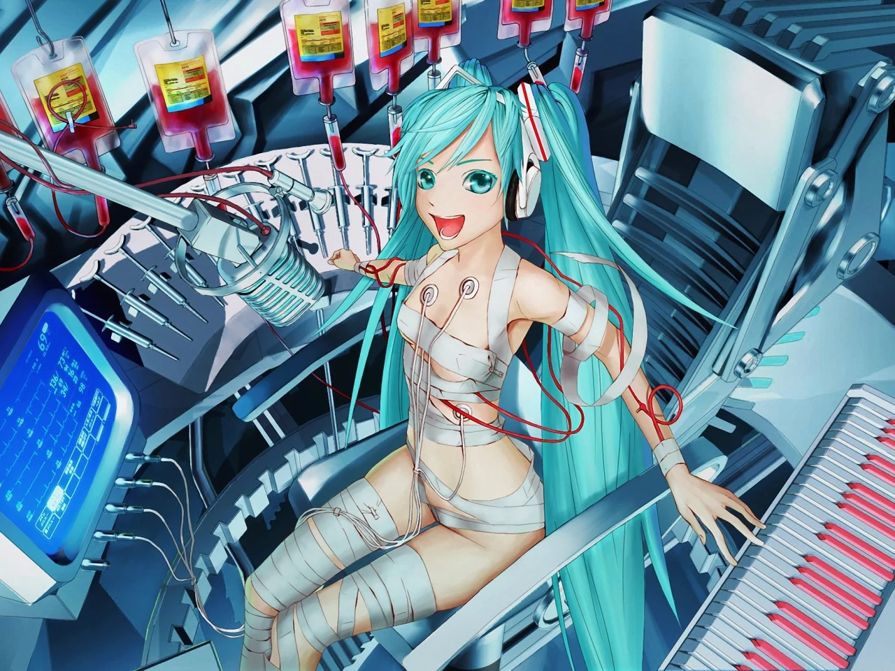 hatsune miku, кровь, вокалоид, пианино, девушка, vocaloid