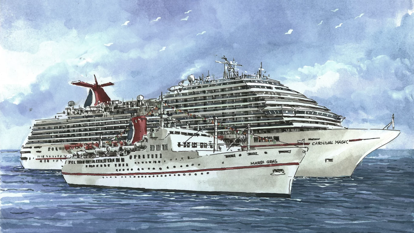 Carnival magic, лайнер, судно, mardi gras, небо, море, рисунок
