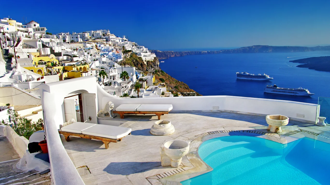 море, дома, santorini, Природа, пейзаж, greece