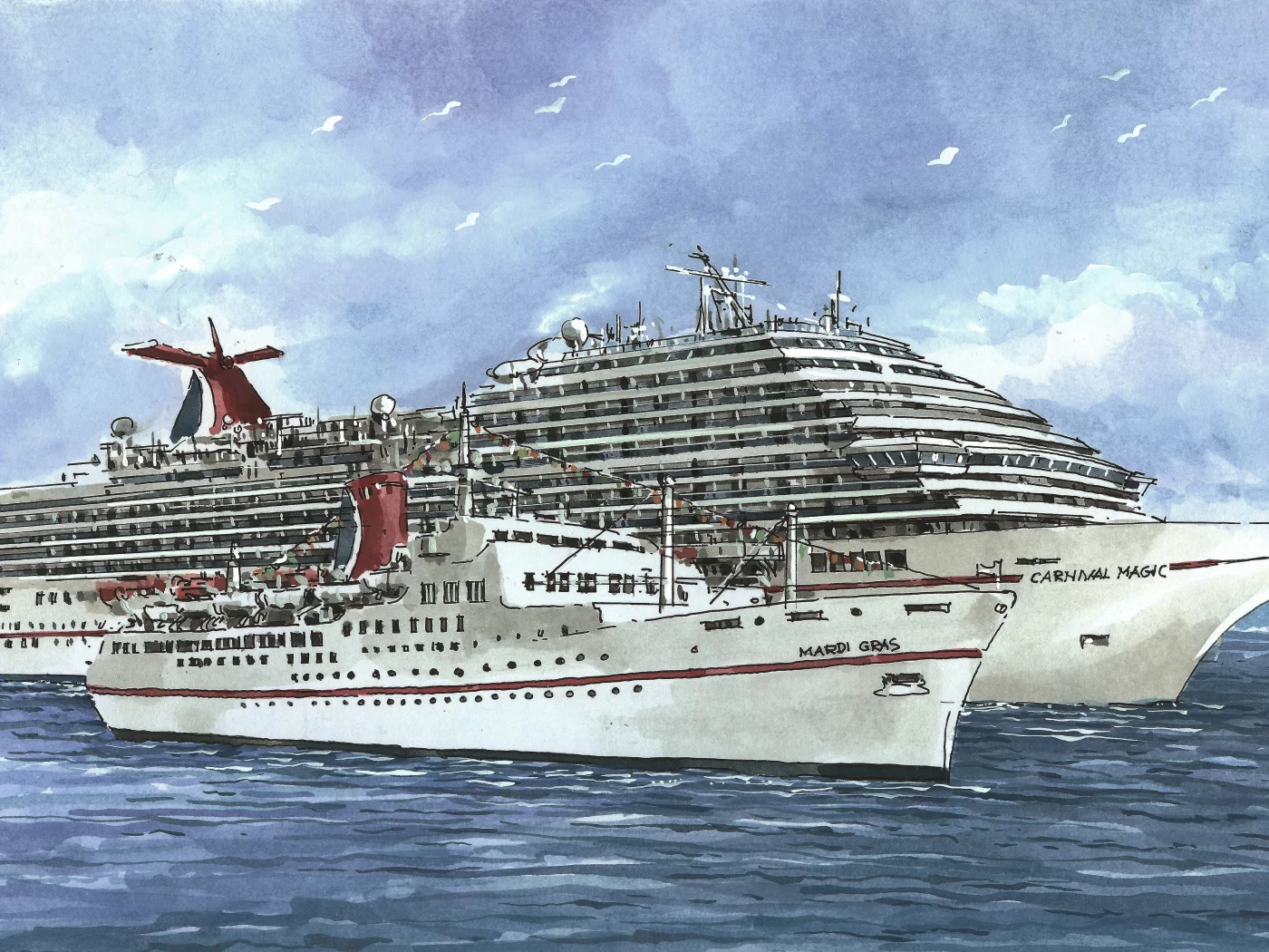 Carnival magic, лайнер, судно, mardi gras, небо, море, рисунок