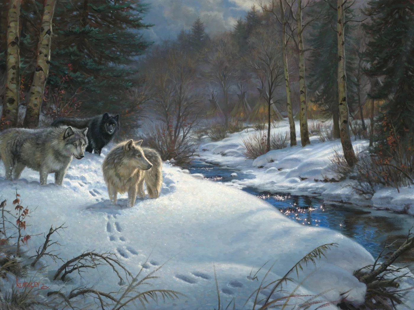 живопись, животные, ручей, valley of shadows, лес, зима, Mark keathley