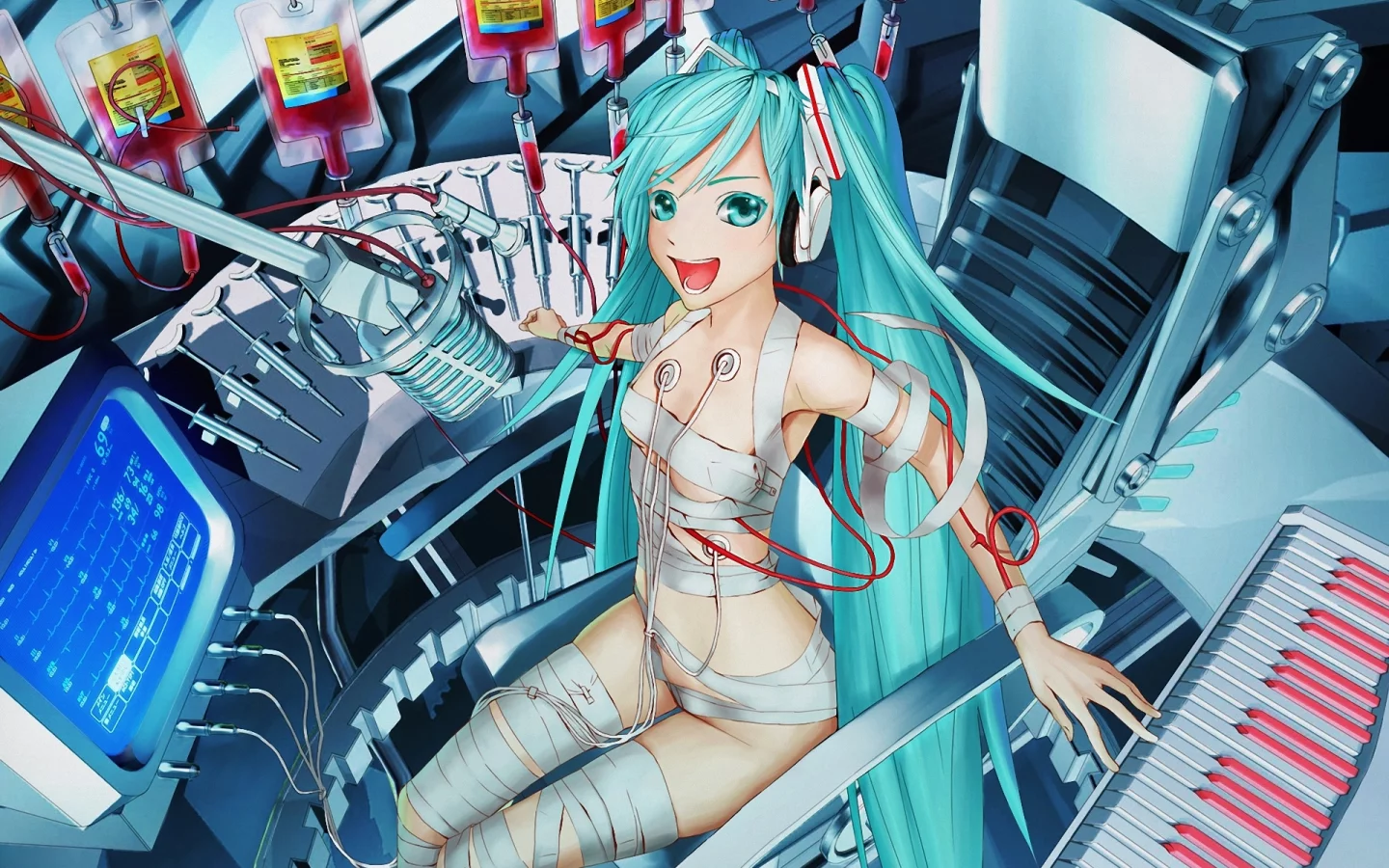 hatsune miku, кровь, вокалоид, пианино, девушка, vocaloid