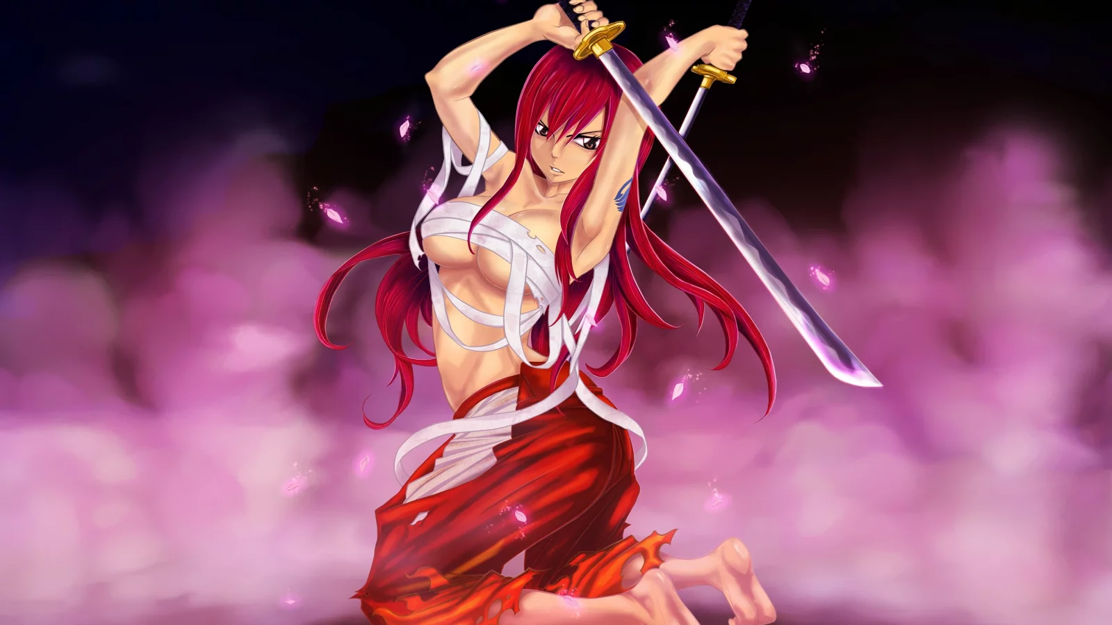 фон, бинты, erza scarlet, fairy tail, Арт, девушка, d-prodigy, оружие