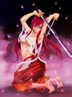 фон, бинты, erza scarlet, fairy tail, Арт, девушка, d-prodigy, оружие