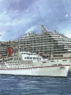 Carnival magic, лайнер, судно, mardi gras, небо, море, рисунок