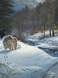 живопись, животные, ручей, valley of shadows, лес, зима, Mark keathley