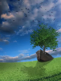 Поле, дерево, стиль, лодка