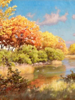 вода, река, картина, johan krouthen, осень, пейзаж, деревья