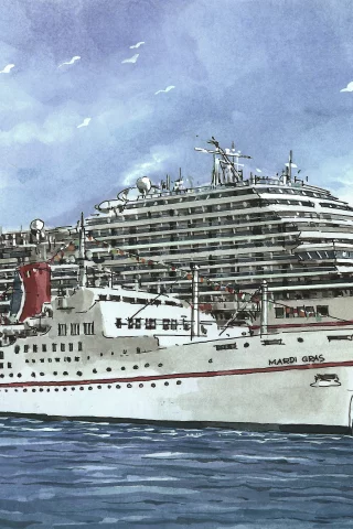 Carnival magic, лайнер, судно, mardi gras, небо, море, рисунок