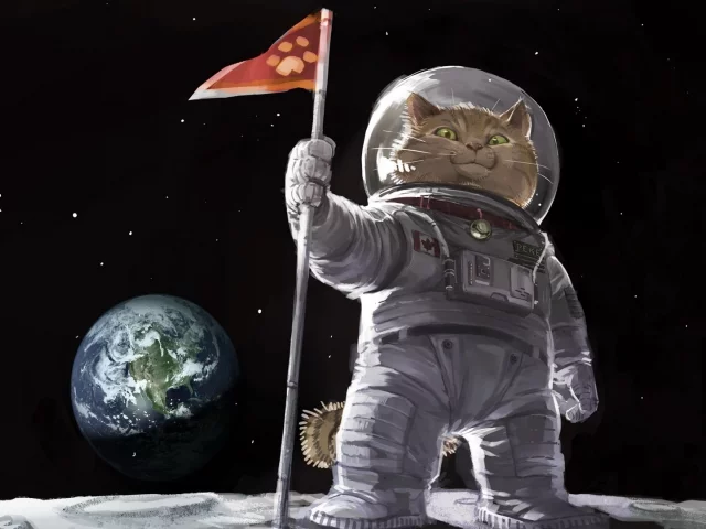 кот, луна, земля, космос, первый, канада, скафандр, звезды