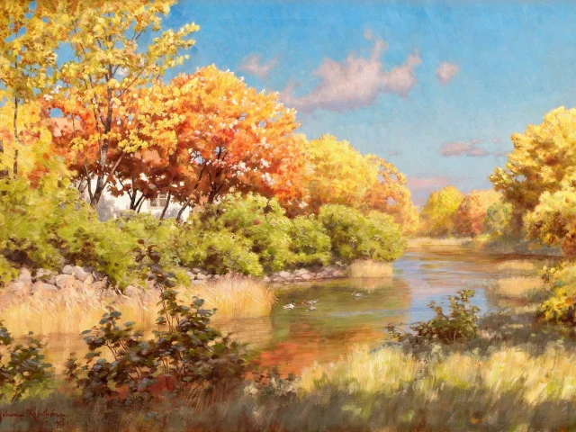 вода, река, картина, johan krouthen, осень, пейзаж, деревья