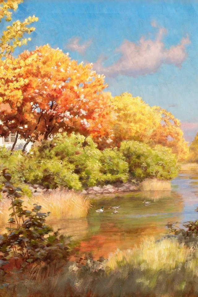 вода, река, картина, johan krouthen, осень, пейзаж, деревья