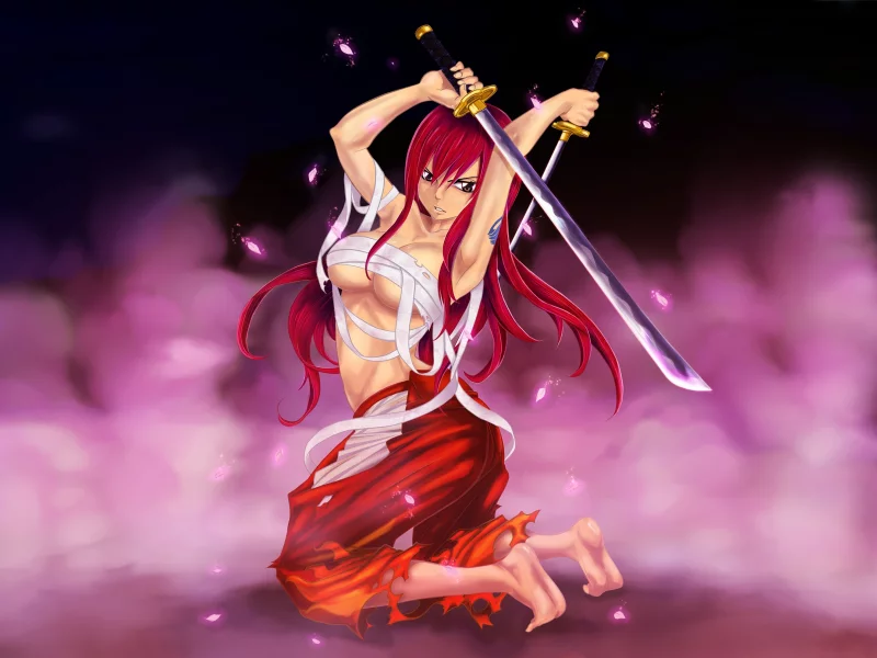 фон, бинты, erza scarlet, fairy tail, Арт, девушка, d-prodigy, оружие