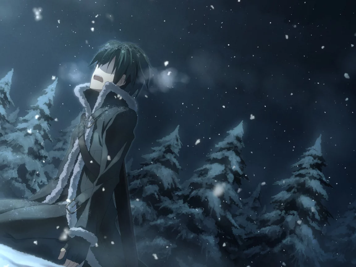 снег, мастера меча онлайн, sao, kirito, sword art online, кирито, лес
