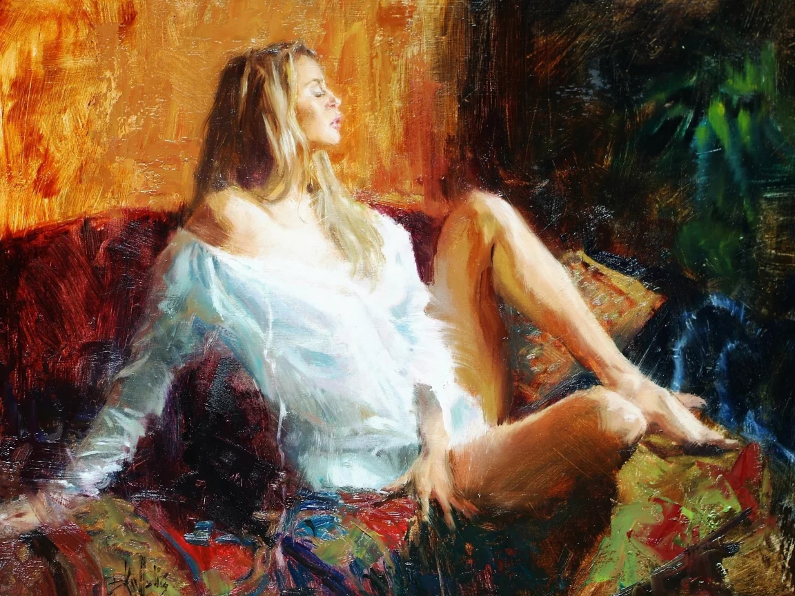 сидит, живопись, девушка, картина, теплота, eric wallis