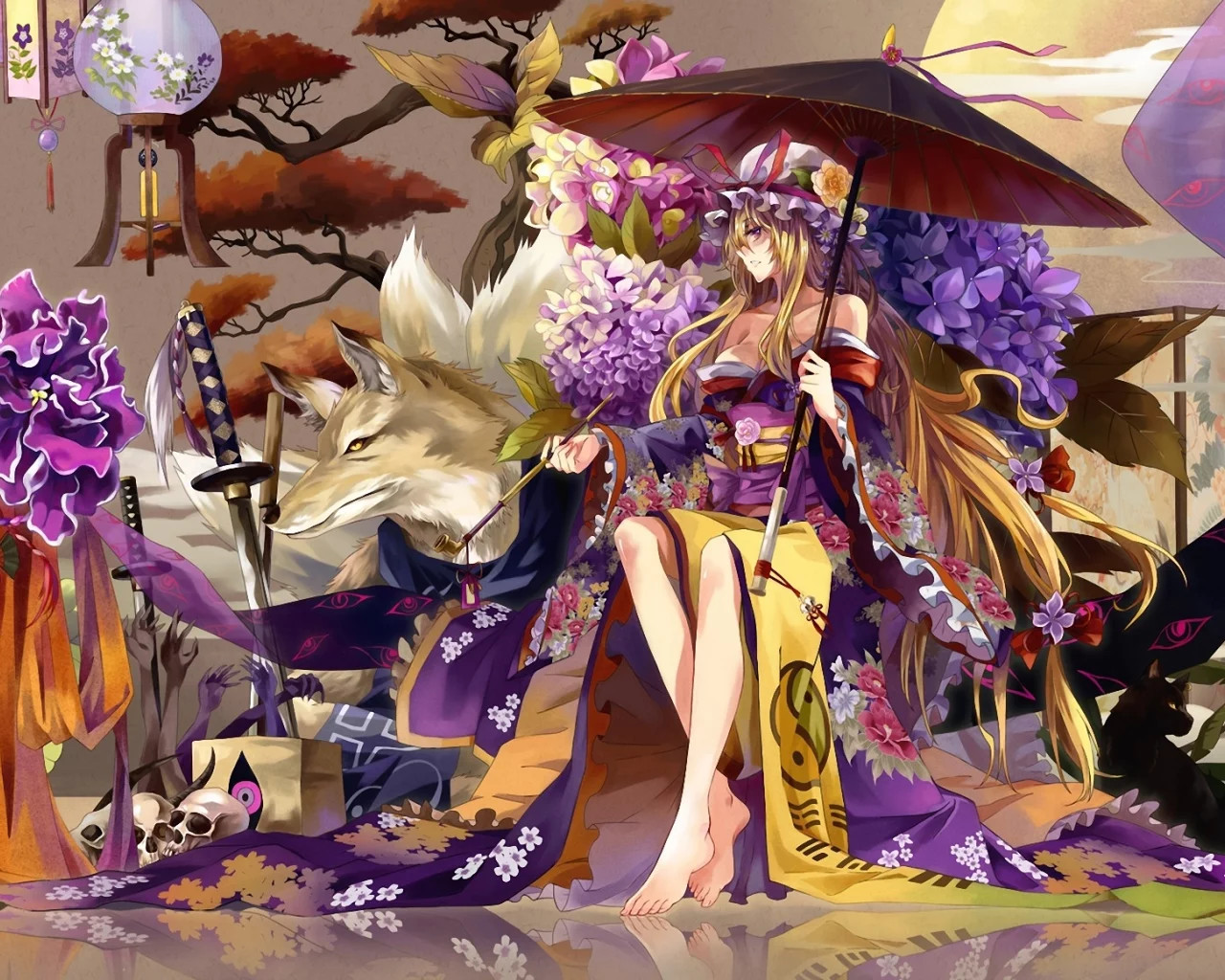 волк, девушка, chen, yakumo yukari, touhou, кимоно, yakumo ran, зонт