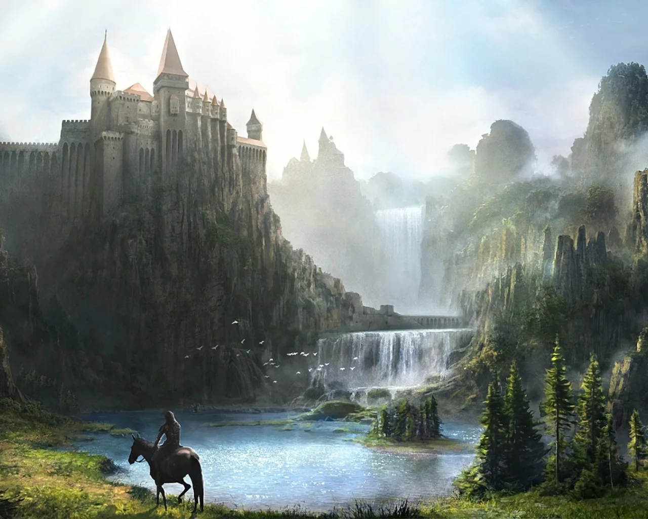 крепость, арт, замок, конь, водопад, доспехи, всадник