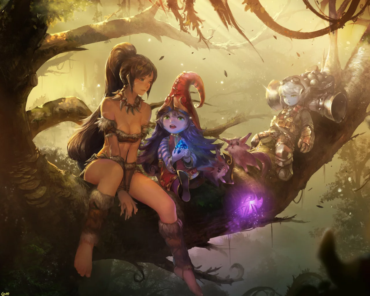 instant-ip, девушка, nidalee, арт, league of legends, дерево, lulu, ветки