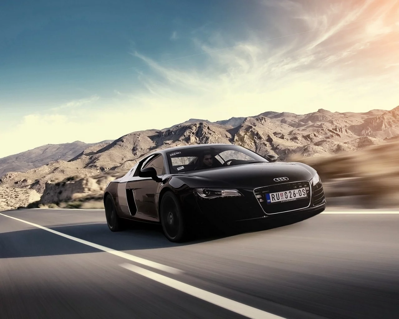 audi, чёрная, блик, ауди, black, скорость, горы, солнце, front, r8