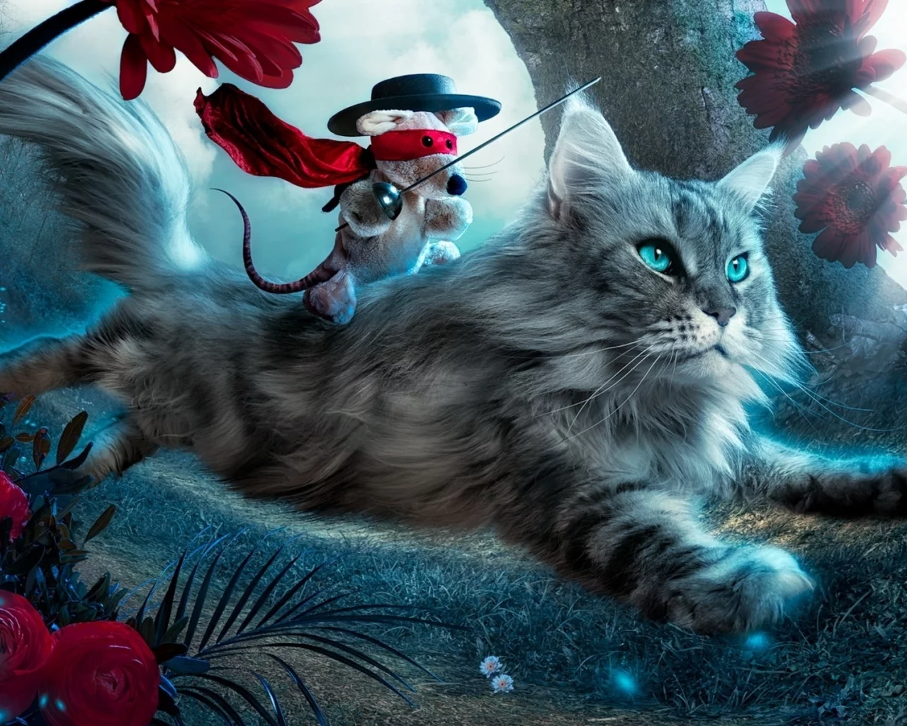 игрушка, кошка, цветы, лететь, котенок, фантазия