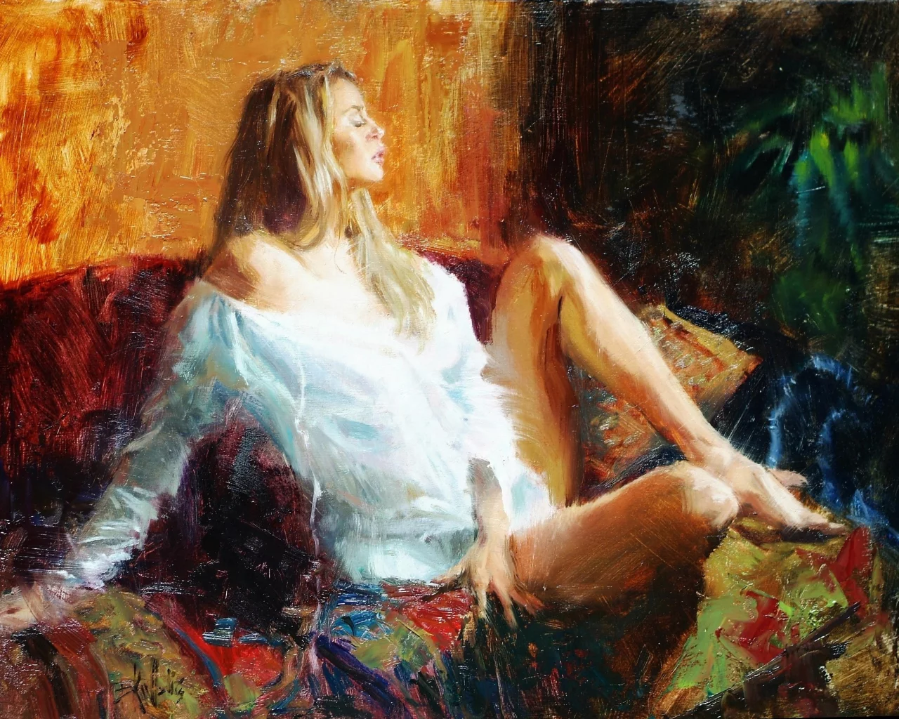 сидит, живопись, девушка, картина, теплота, eric wallis