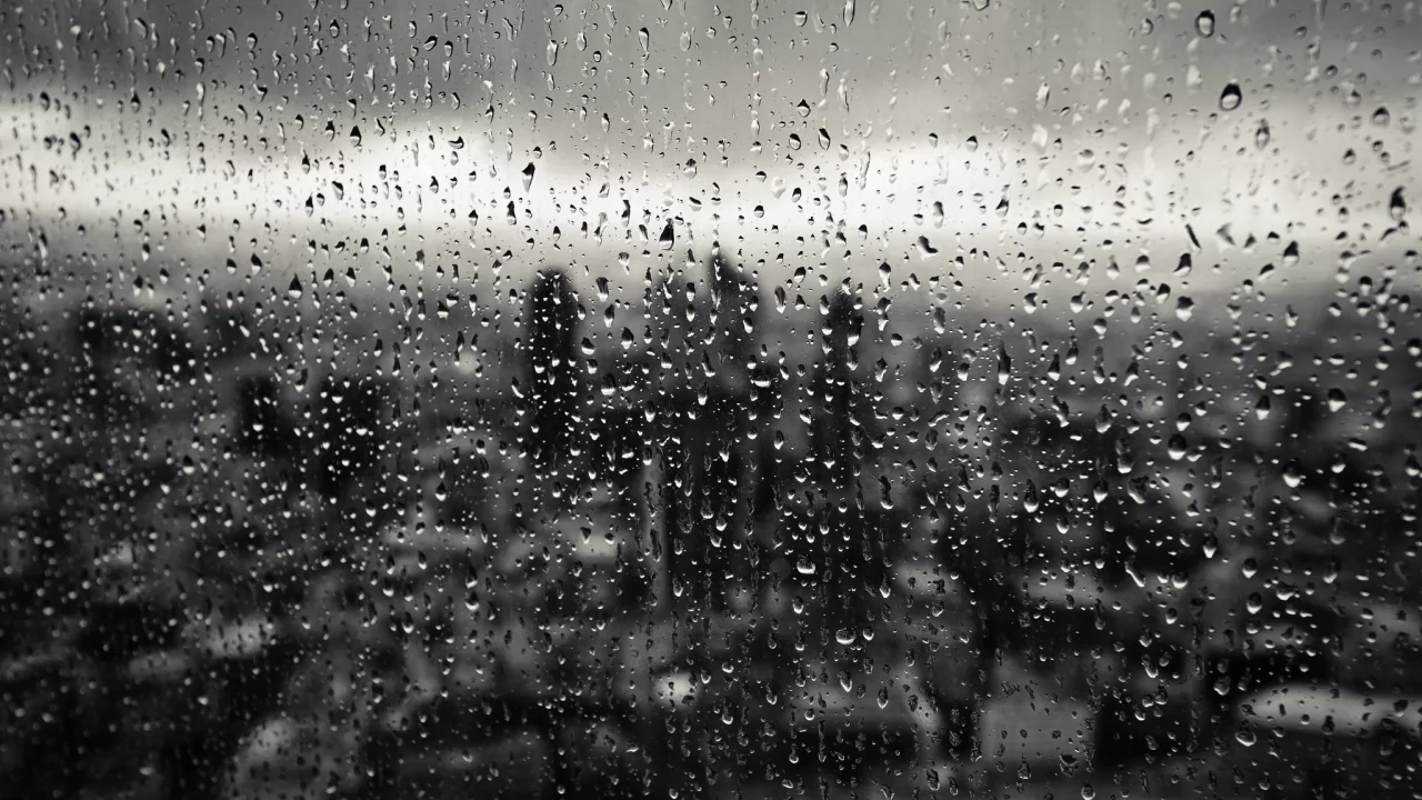 город, стекло, макро, капли, окно, дождь