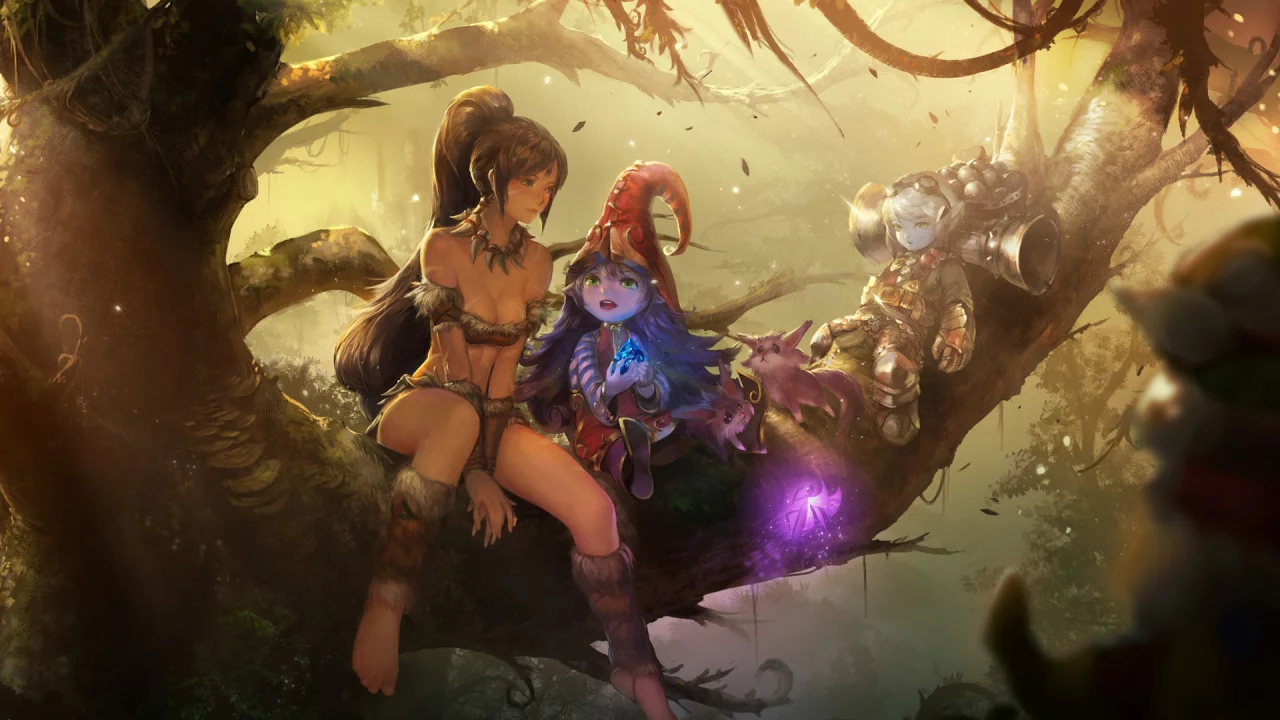 instant-ip, девушка, nidalee, арт, league of legends, дерево, lulu, ветки