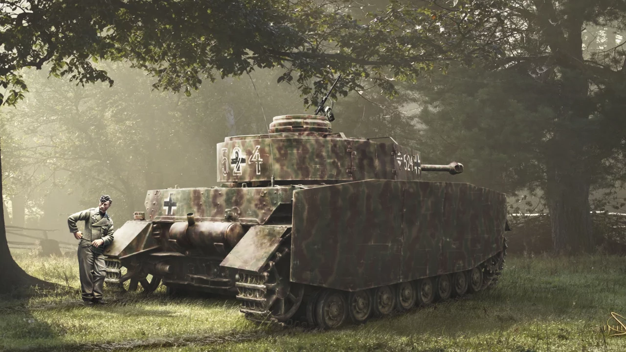 солдат, лес, танк, рисованное фото, pz-iv, вермахт