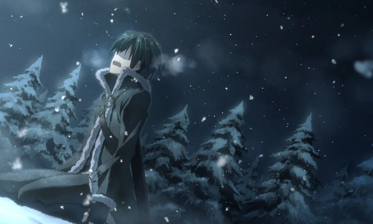 снег, мастера меча онлайн, sao, kirito, sword art online, кирито, лес