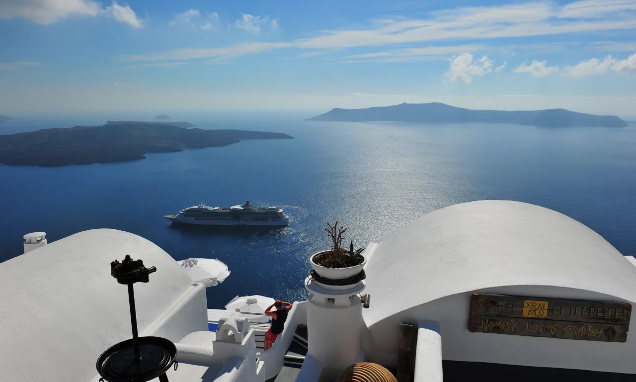 море, santorini, вид, пейзаж, греция, лайнер