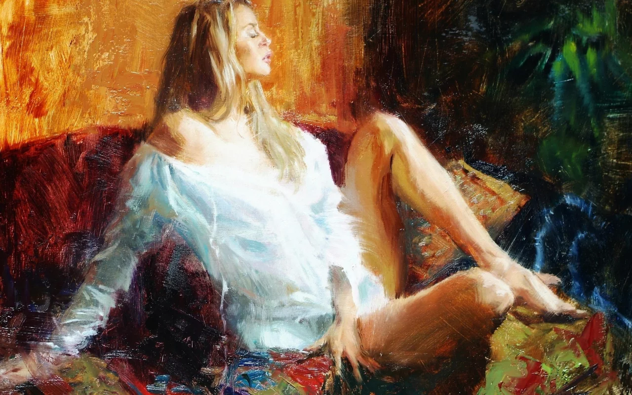 сидит, живопись, девушка, картина, теплота, eric wallis