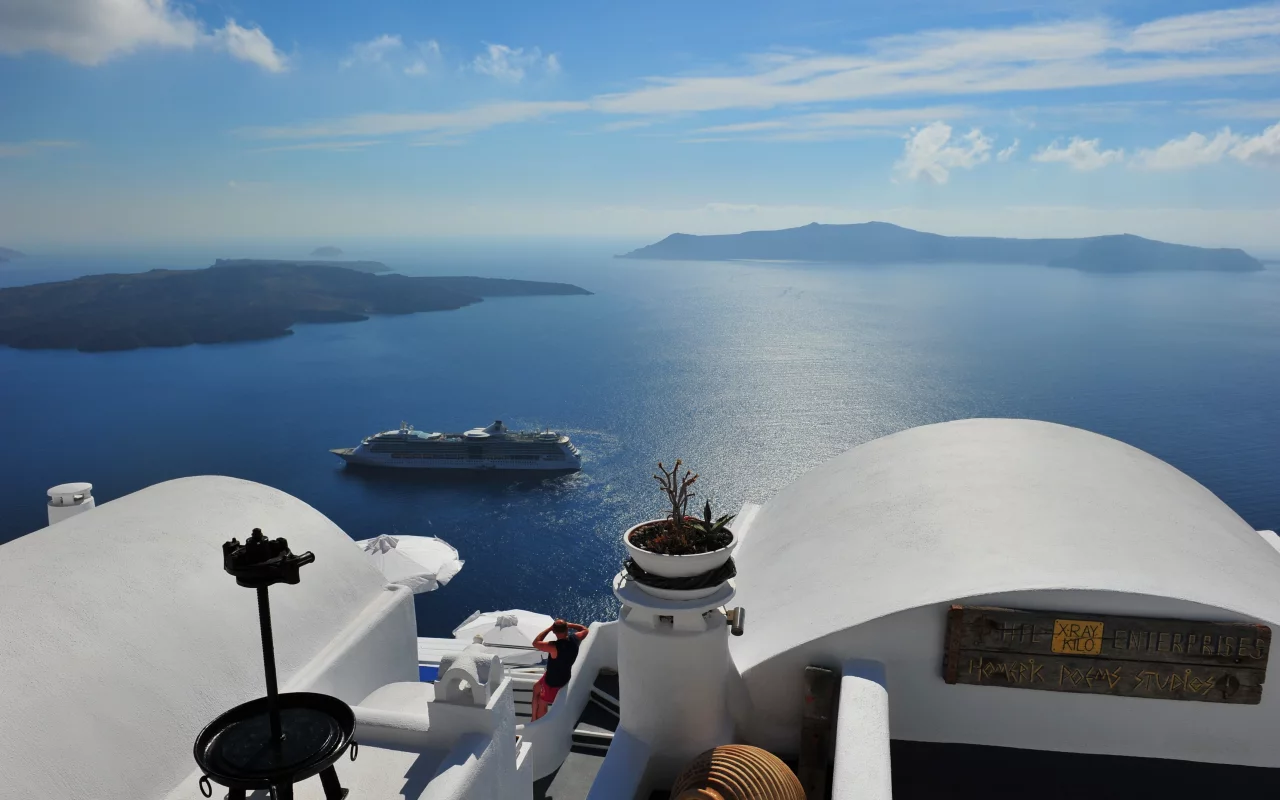 море, santorini, вид, пейзаж, греция, лайнер