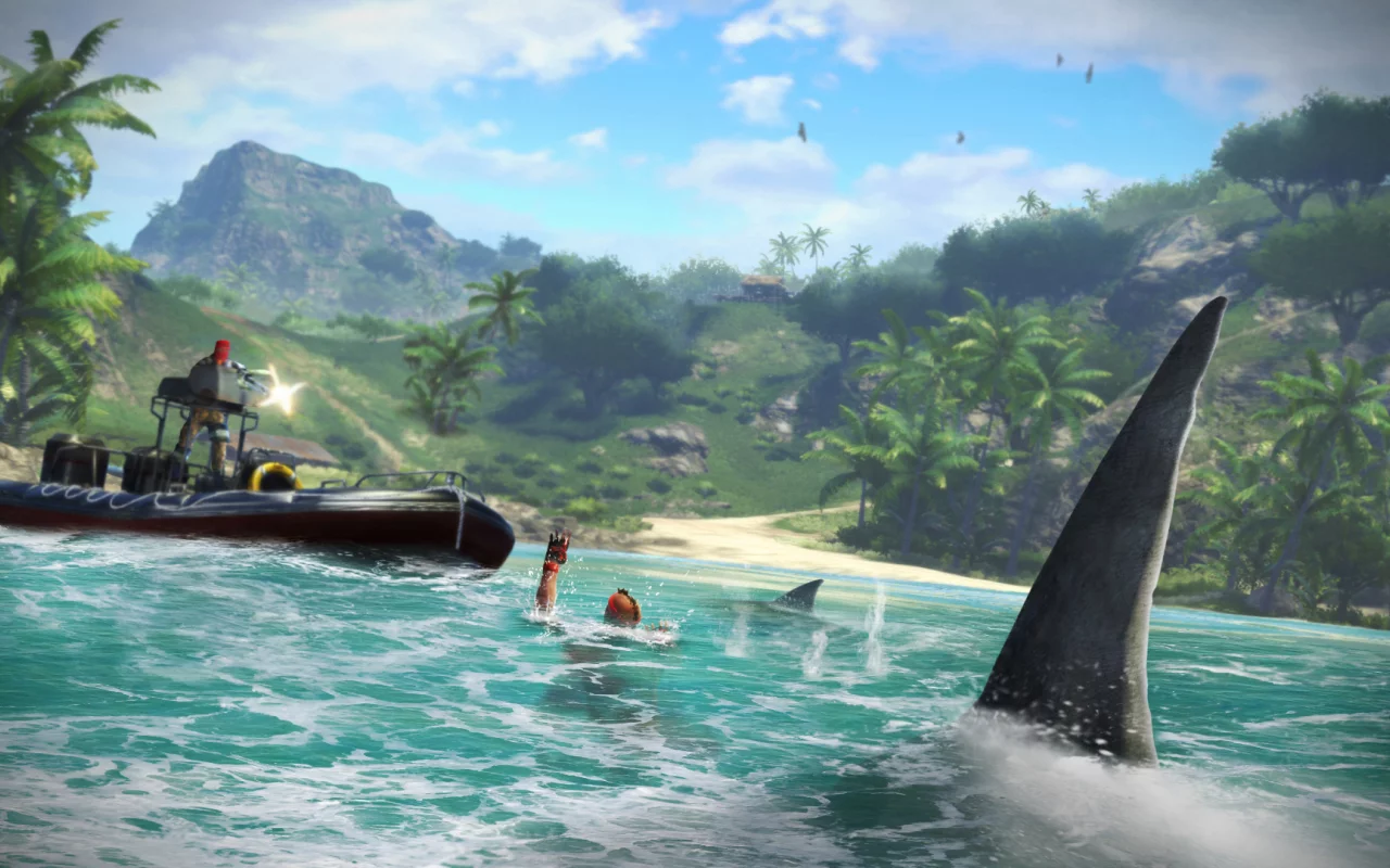 shooter, нож, море, far cry 3, кровь, горы