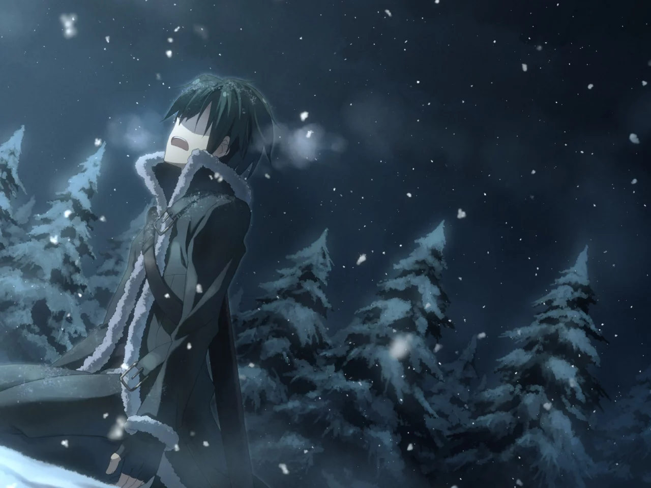 снег, мастера меча онлайн, sao, kirito, sword art online, кирито, лес