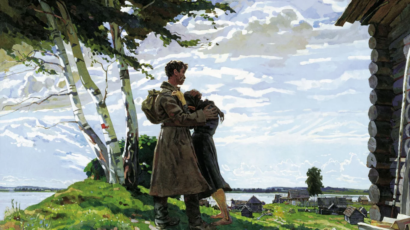 солдат, берёзка, рисунок, встреча, настроение