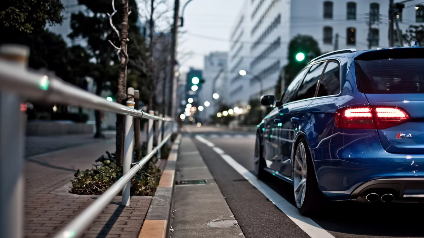 синий, улица, s4, размытость, универсал, боке, audi, город